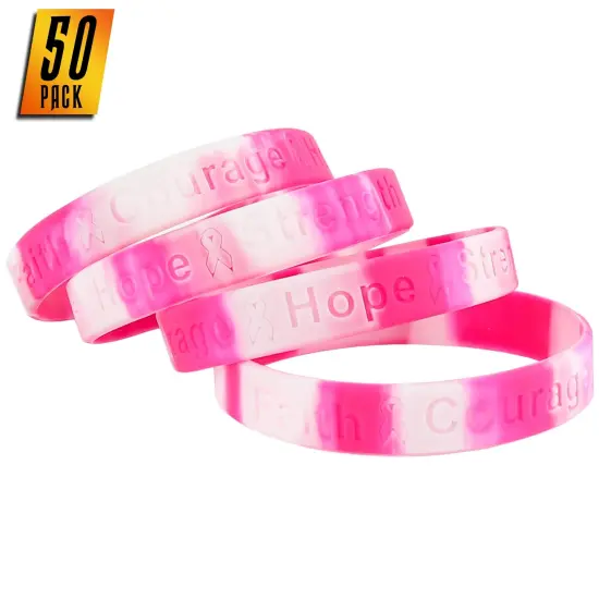 Breast Cancer Awareness Bracelets - Pink Ribbon Camouflage Silicone Rubber Cancer Support Bulk Party Giveaways Favors - Lot of 50 {1}