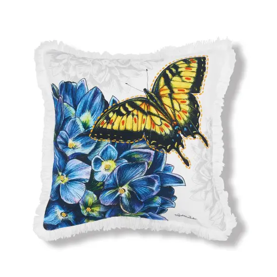 Botanical Butterfly Floral Flowers Spring Printed and Embellished Accent Throw Pillow, 18" x 18" {1}