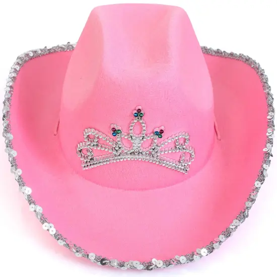 Pink Cowboy Hat - Pink Sequin Cowgirl Princess Hat with Crown Tiara Design {1}