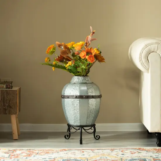 Rustic Silver Galvanized Barrel Shape Planter and Vase with Metal Stand {2}
