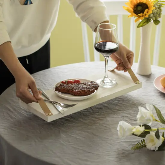 Decorative Natural Wooden Rectangular Tray Serving Board with Brown Leather Handles {5}