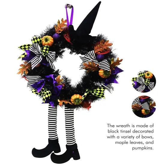 Happy Halloween Witch Wreath - Front Door Hanging Witchy Decorations with Pumpkins, Maple Leaves, Witch Hat and Witch Legs {2}