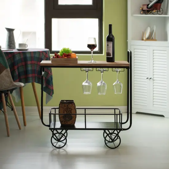 Metal Wine Bar Serving Cart with Rolling Wheels, Glass Holder, and Wine Rack {6}
