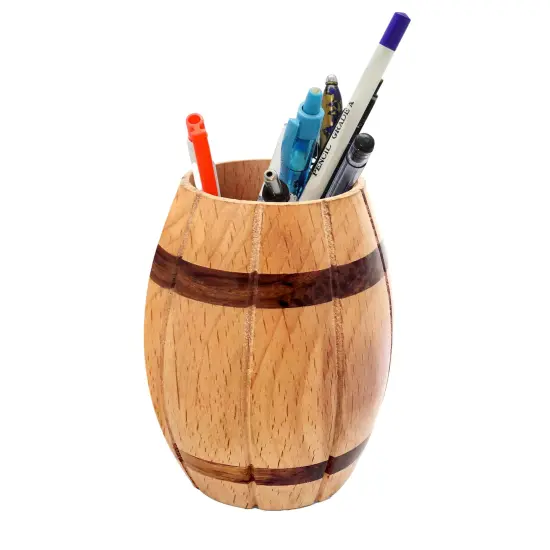 Decorative Wine Barrel Shaped Wooden Pen Holder for Office Desk, or Entryway {1}