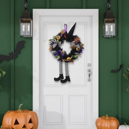 Happy Halloween Witch Wreath - Front Door Hanging Witchy Decorations with Pumpkins, Maple Leaves, Witch Hat and Witch Legs {3}