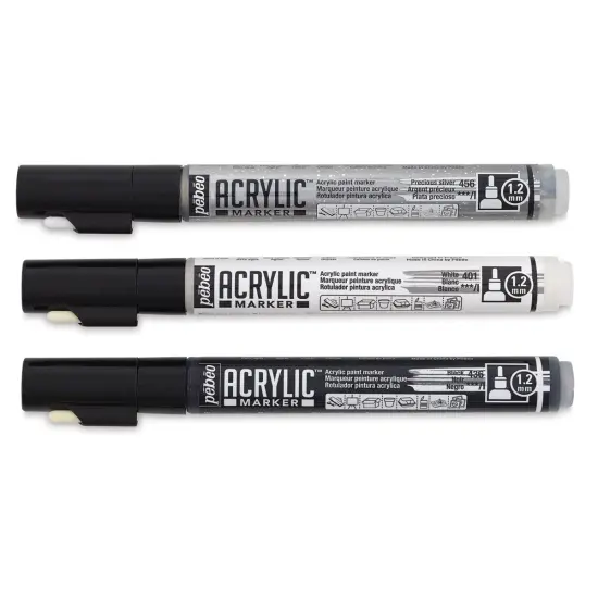 Pebeo Acrylic Marker - Set of 3, Black, White, and Silver, 1.2 mm, Bullet Nib {1}