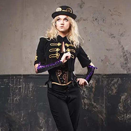 Fingerless Lace Up Gloves - Long Black Costume Elbow Arm Warmer Accessories with Purple Satin Laced Tie for Dress Up {3}