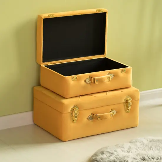 Decorative Tufted Velvet Suitcase Treasure Chest Set of 2 Yellow {1}
