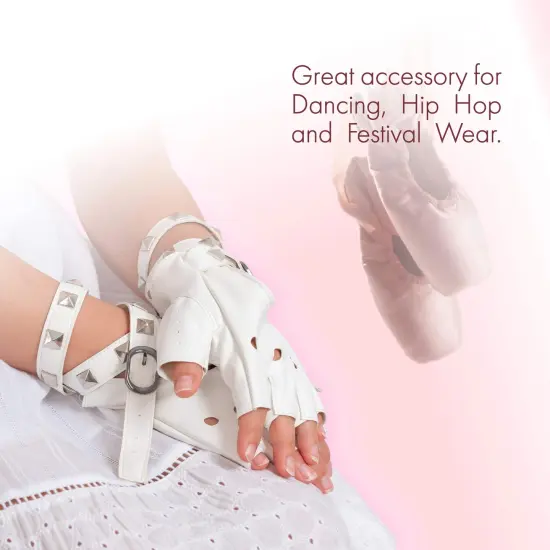 Fingerless Faux Leather Gloves - White Biker Punk Gloves with Belt Up Closure and Rivet Design for Women and Kids {4}