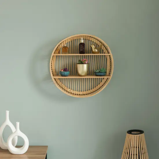 Decorative Rattan Round Display Shelf With 2 Shelves for The Dining Room, Living Room, or Office. {2}