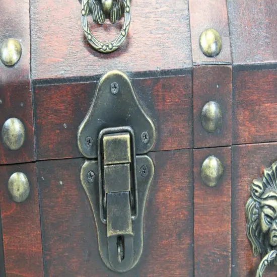 Antique Wooden Pirate Treasure Chest with Lion Rings and Lockable Latch {5}