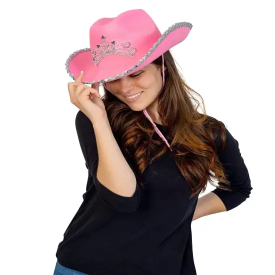 Pink Cowboy Hat - Pink Sequin Cowgirl Princess Hat with Crown Tiara Design {3}