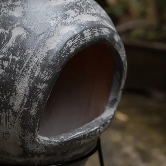 Gray Outdoor Clay Chiminea Outdoor Fireplace Stoney Scribbled Design Charcoal Burning Fire Pit with Sturdy Metal Stand, Barbecue, Cocktail Party, Family Gathering, Cozy Nights Fire Pit {5}