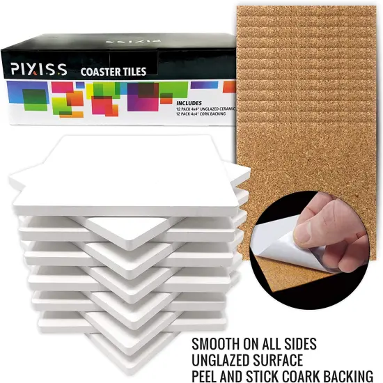 Pixiss 100 Pack Square Ceramic White Tiles Unglazed 4x4 with Cork Backing Pads {2}