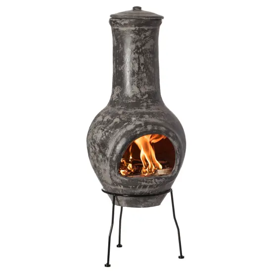 Gray Outdoor Clay Chiminea Outdoor Fireplace Stoney Scribbled Design Charcoal Burning Fire Pit with Sturdy Metal Stand, Barbecue, Cocktail Party, Family Gathering, Cozy Nights Fire Pit {1}