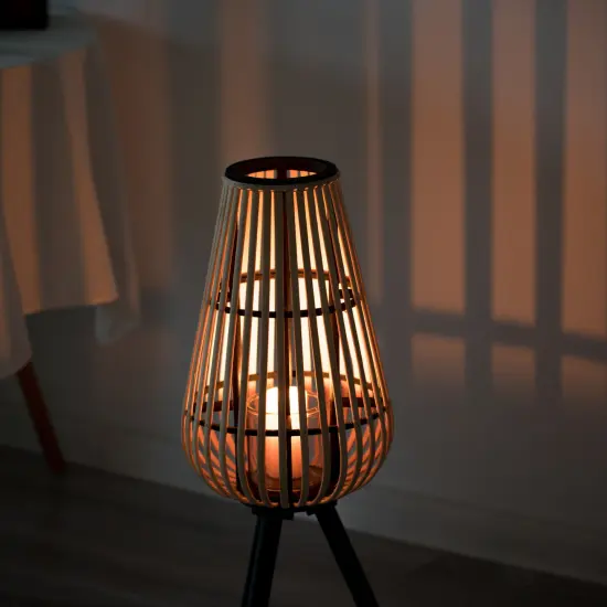 Indoor and Outdoor Modern Natural Bamboo Decorative Lantern with Black Stand and Glass Candle Holder {3}