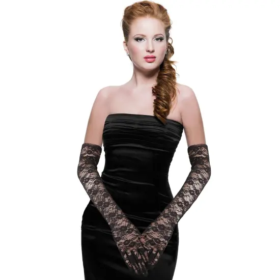 Elegant Lace Elbow Gloves - 1920s Fashion Opera Length Tea Party Black Wedding Gloves {5}