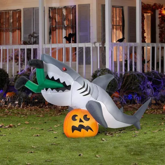 9' Gemmy Airblown Inflatable Halloween Animated Shark Attack w/ Pumpkin 72094 {2}