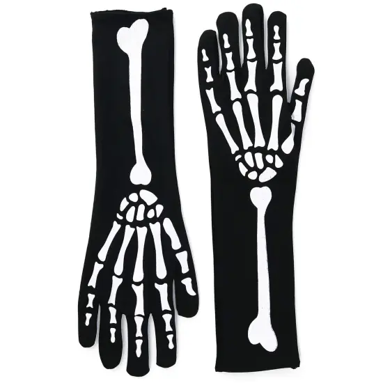 Bone Hand Skeleton Gloves - Skeleton Accessories Stretch Elbow Gloves for Adults and Kids Black {4}