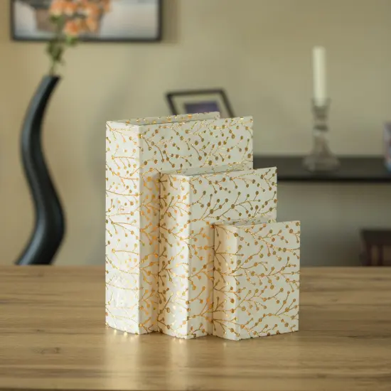 Set of 3 Velvet Vintage Storage Wooden Antique Classic Decorative Book Box Holder White {2}