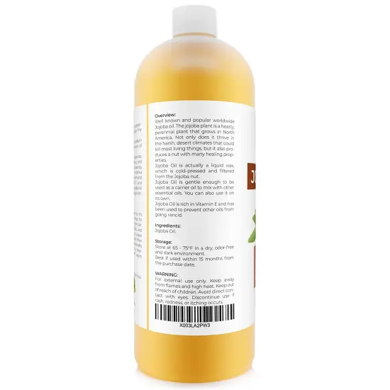 Jojoba Oil - 32 oz (With Pump) | 100% Pure and Natural | Golden, Unrefined, Cold Pressed, Hexane Free | Moisturizing Face, Hair, Body, Skin Care, Stretch Marks, Cuticles {5}