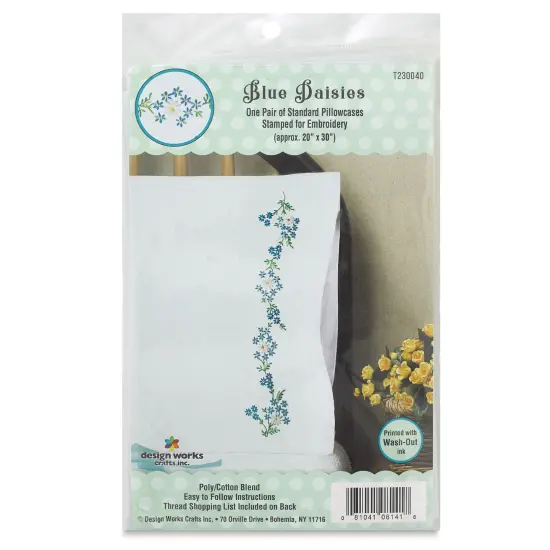 Design Works Stamped For Embroidery Pillowcase - Blue Daisies, Pkg of 2 {1}