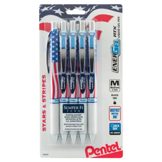 EnerGel RTX Retractable Liquid Gel Pen, Flag Barrel, (0.7mm) Metal Tip, Medium Line, Black Ink, 5-Pk {1}