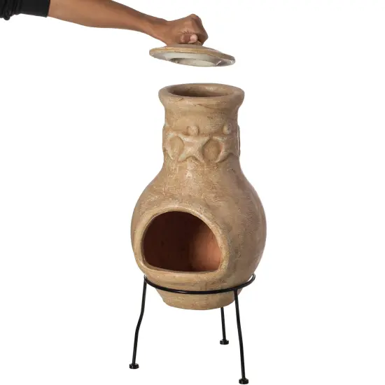Beige Outdoor Clay Chiminea Outdoor Fireplace Maya Design Charcoal Burning Fire Pit with Sturdy Metal Stand, Barbecue, Cocktail Party, Family Gathering, Cozy Nights Fire Pit {3}