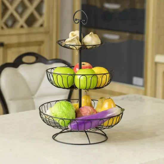 3 Tiers Wire Iron Basket Fruit Bowl, Black {2}