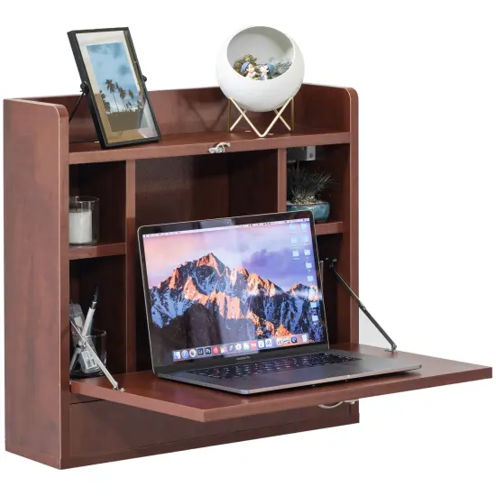 Wall Mount Folding Laptop Writing Computer or Makeup Desk with Storage Shelves and Drawer Black {7}