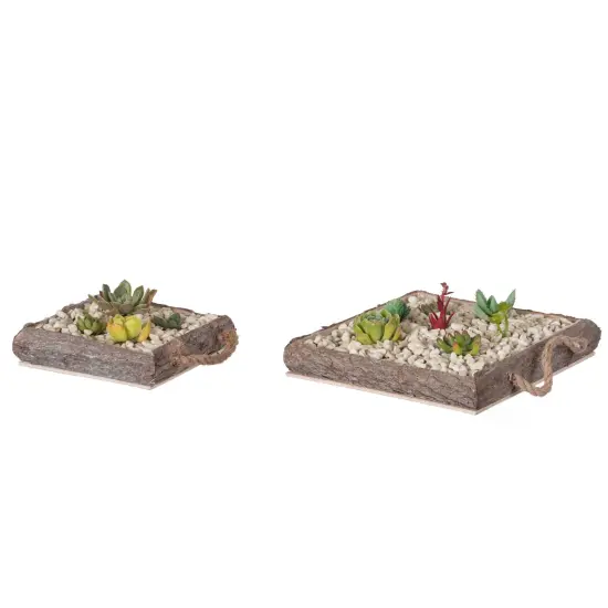 Indoor and Outdoor Set of 2 Brown Vintage Bark Square Wooden Mini Flowerpot Planter {1}