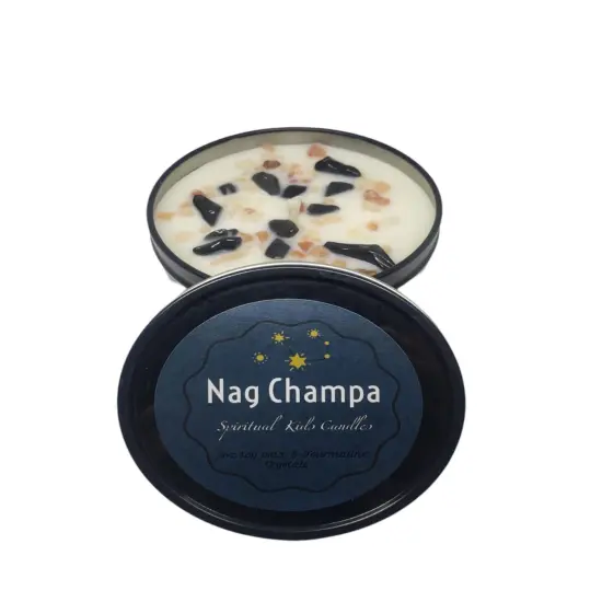 Nag Champa 8oz Soy Candle Hand Poured with Fragrant/Essential Oils & Black Tourmaline & Himalayan Salt {1}