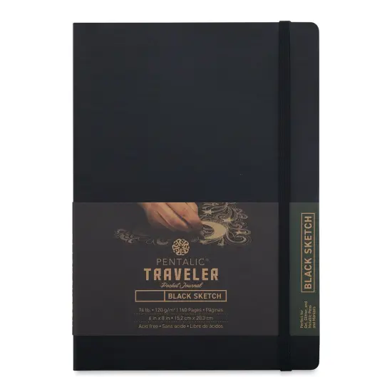 Pentalic Traveler Draw Pocket Journal - 8" x 6", Black Paper, Black Covre, 160 Pages {1}
