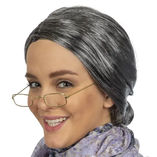 Old Lady Costume Set - Grey Granny Wig and Fake Gold Rectangle Eyeglasses Grandma Set for Women and Girls {1}