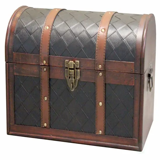 Wooden Leather Round Top Treasure Chest, Decorative storage Trunk with Lockable Latch {1}