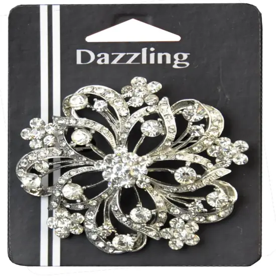 Belagio Rhinestone Brooch, 2.5" Diameter, 1 Piece, Ornate Flower, Silver/Crystal {1}