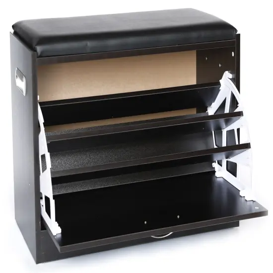 Black Wooden Fold-out Shoe Organizer - Shoe Storage Bench with Leather Cushion {4}