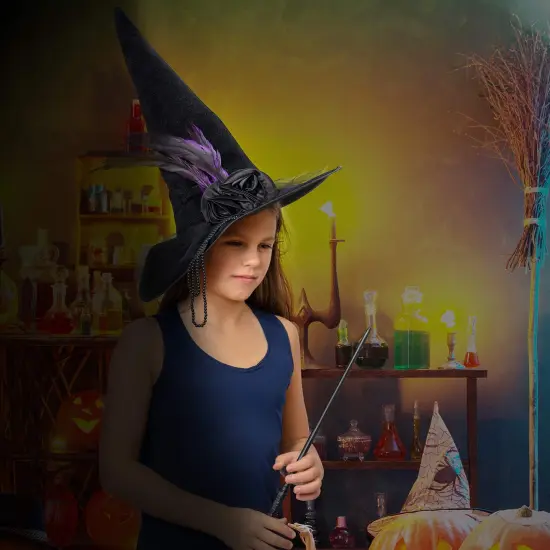 Deluxe Pointed Witch Hat - Glamorous Black Witches Accessories Fancy Velvet Hat with Flowers, Beads and Purple Feathers {4}