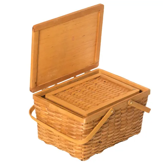 Woodchip Picnic Storage Basket with Cover and Movable Handles {1}