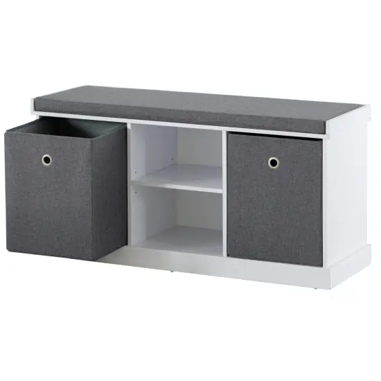 MDF Storage Box Shoe Bench with 2 Shelves, Foldable Baskets and a Gray Cushion, White {5}