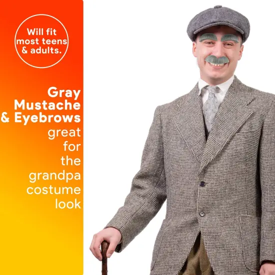 Eyebrow and Mustache Set - Old Man Bushy Stick On Fake Grey Eyebrows and Moustache Kit for Men, Women and Children {2}