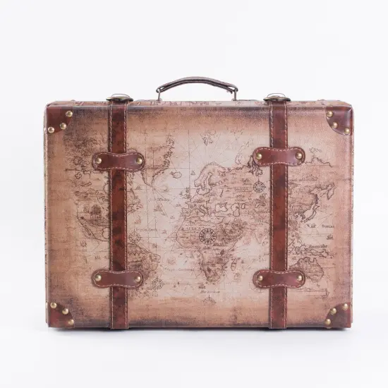 Set of 2 Vintage-Style World Map Leather Suitcase Trunks with Straps and Handle {5}