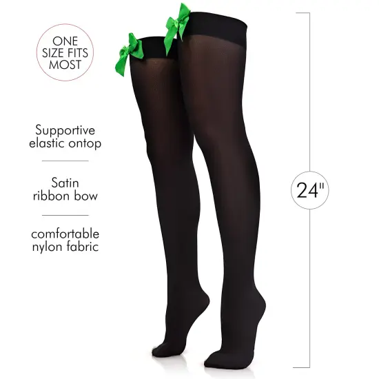 Bow Accent Thigh Highs - Black Over the Knee High Stockings with Green Satin Ribbon Bow Accent for Women and Girls {3}