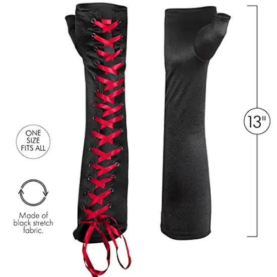 Fingerless Lace Up Gloves - Long Black Costume Elbow Arm Warmer Accessories with Red Satin Laced Tie for Dress Up {2}