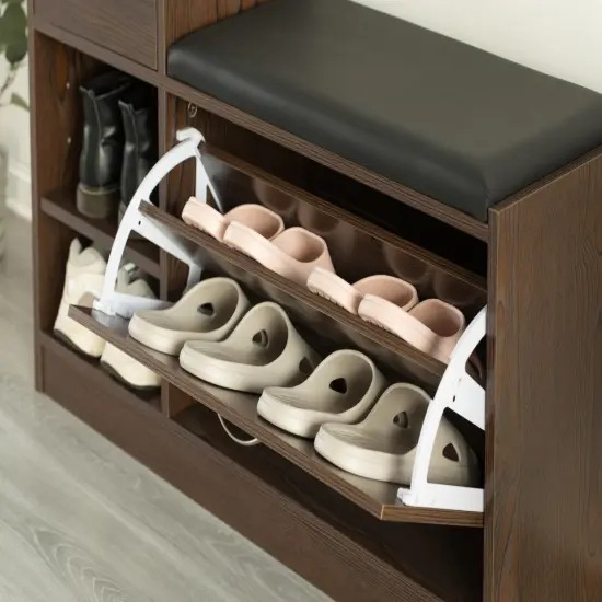 Wooden Entryway Shoe Storage Bench with Cushion Brown {5}