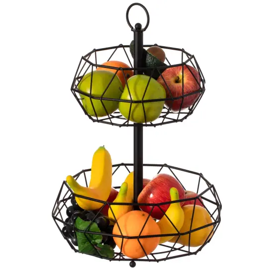 2 Tier Free Standing Countertop Fruit Basket for Kitchen | Detachable Carbon Steel Stable Fruit Storage Organizer for Breads, Snacks, and Vegetable, Black {1}