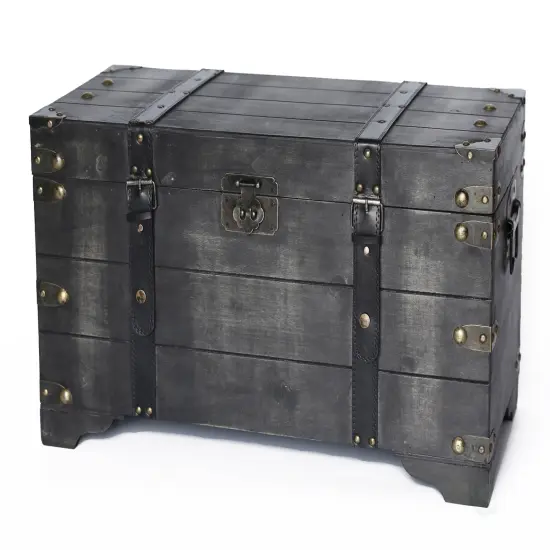 Distressed Black Medium Wooden Storage Trunk {1}