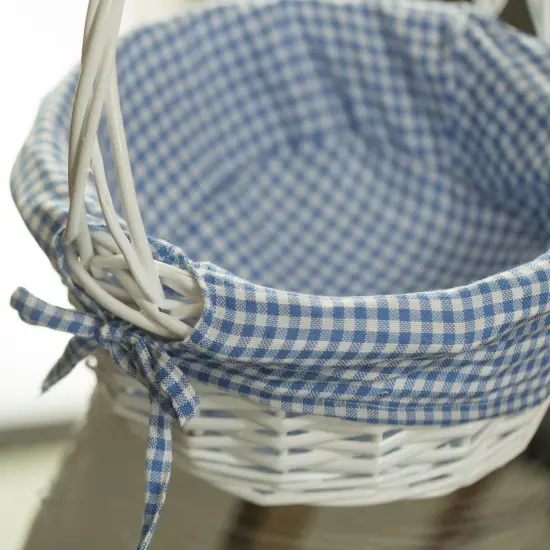 White Round Willow Gift Basket, with Gingham Liner and Handle Blue {6}