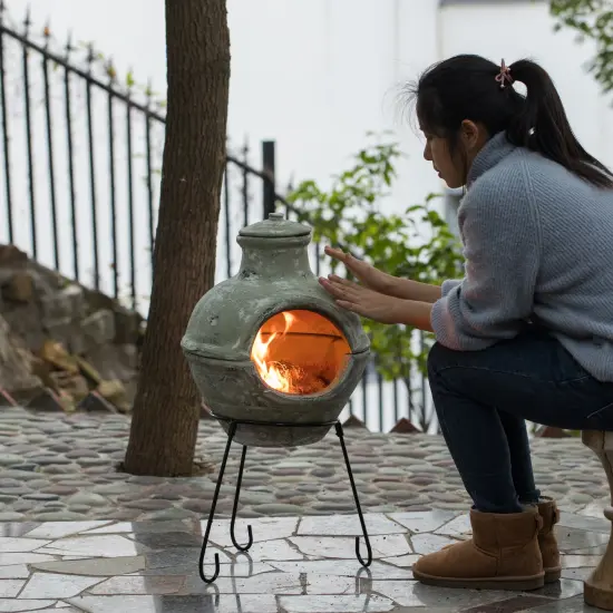 Beige Outdoor Clay Chiminea Barbecue Firepit Accent Design Charcoal Burning Fire Pit with Sturdy Metal Stand, Barbecue, Cocktail Party, Family Gathering, Cozy Nights Fire Pit {5}
