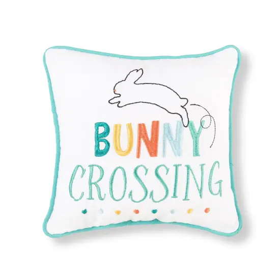 Easter "Bunny Crossing" Embroidered Small/Petite Spring Themed Accent Pillow, 10" x 10" {1}